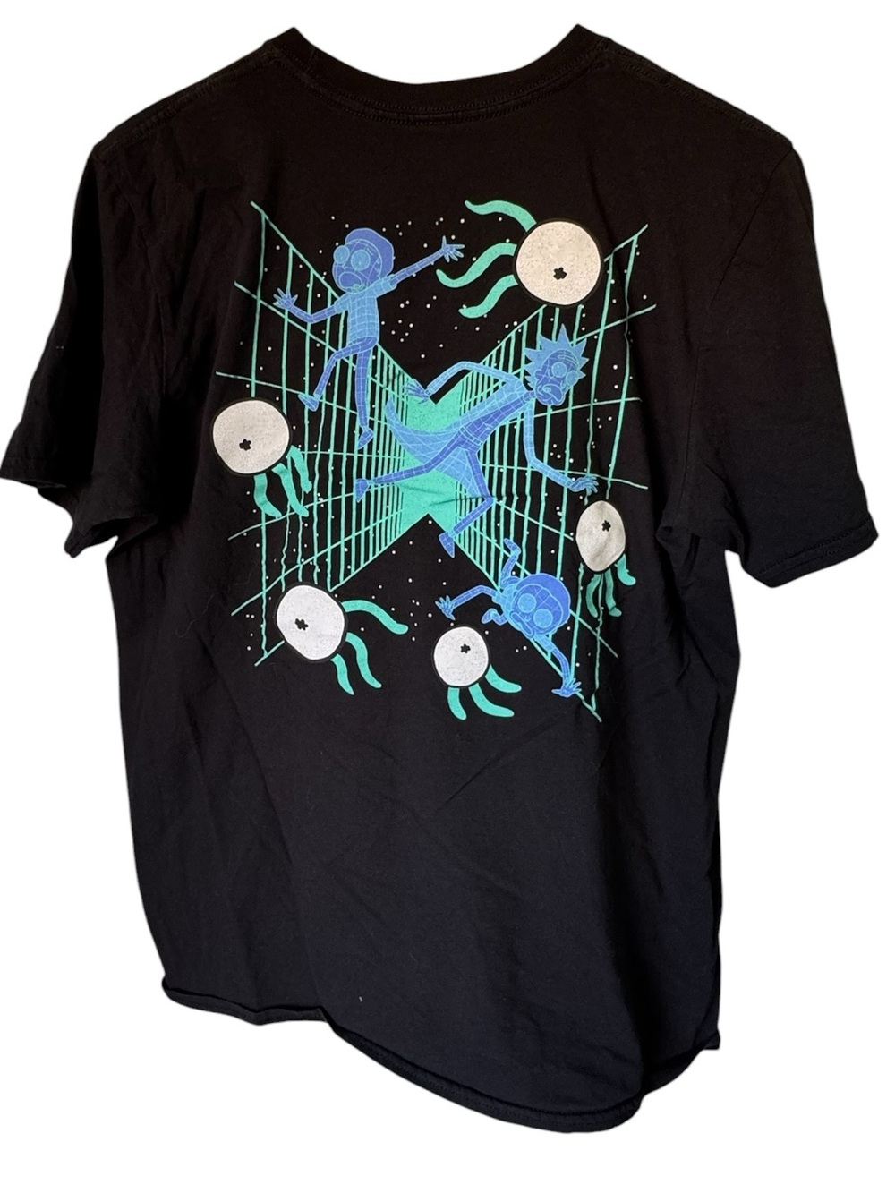 Rick and Morty Black Graphic Tee Neon Blue & Teal Space Aliens Men’s M